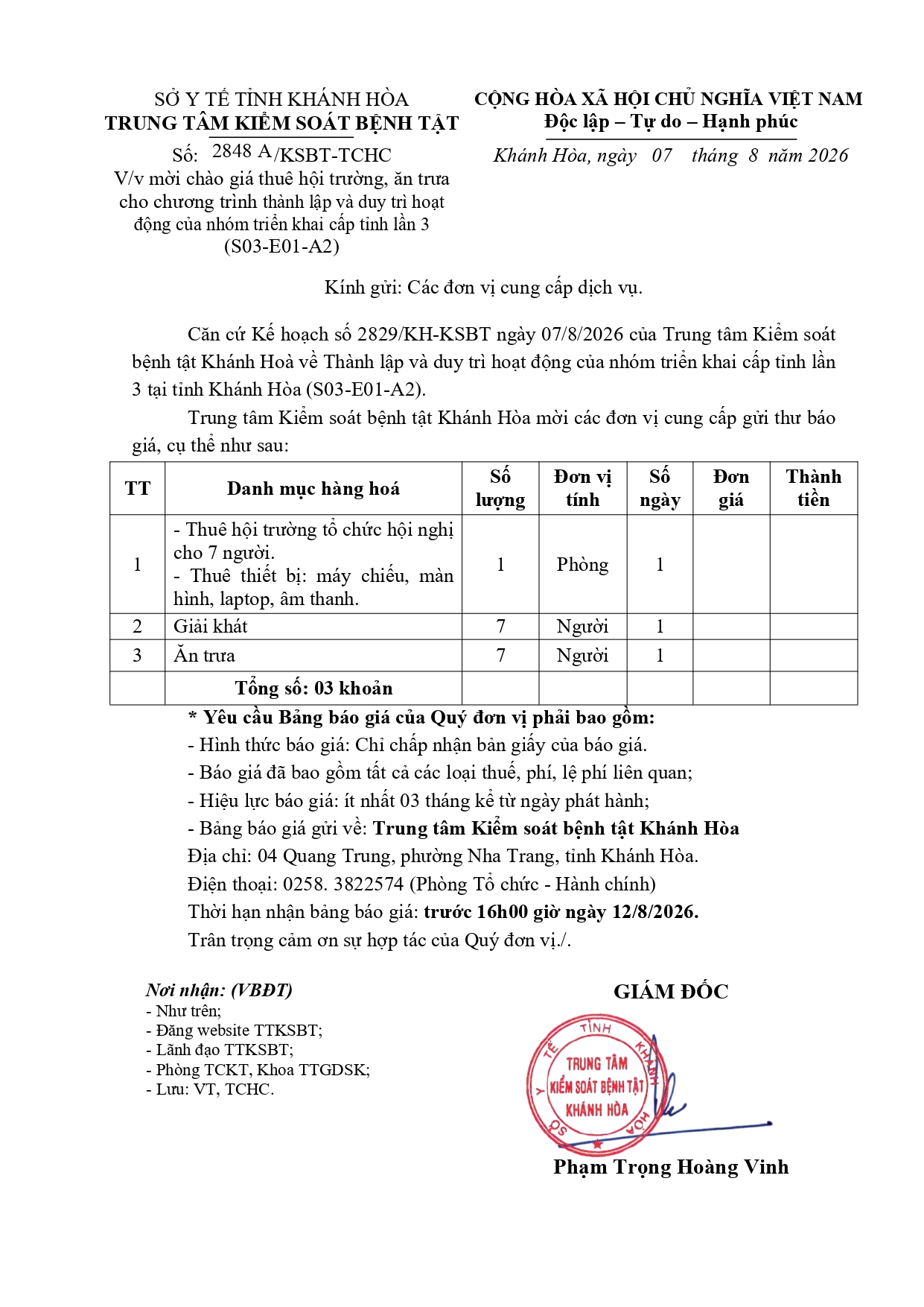 V/v mời chào giá thuê hội trường, ăn trưa cho chương trình thành lập và duy trì hoạt động của nhóm triển khai cấp tỉnh lần 3 (S03-E01-A2)